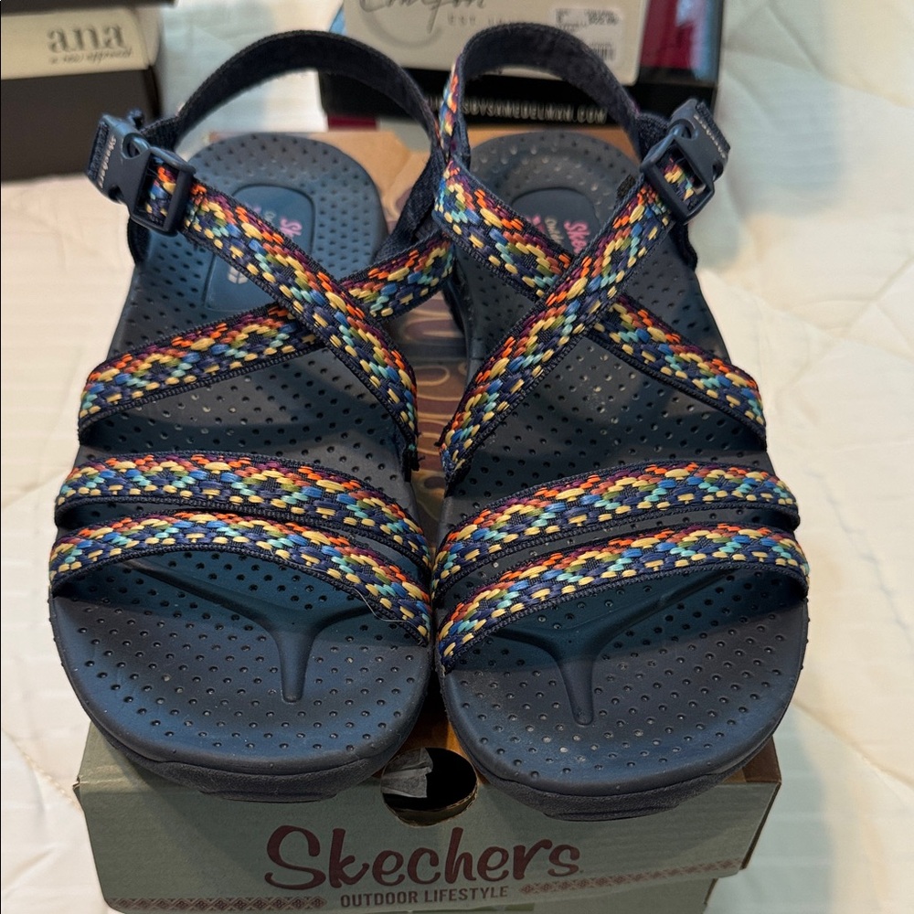 Skechers Navy Sandals with Multicolor Woven Straps